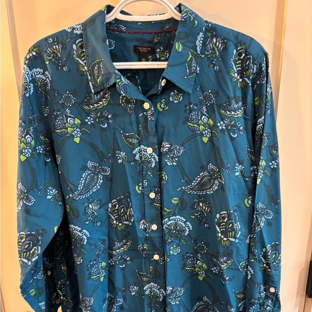 Talbots Blue Floral Women's Button Down Blouse 2X Petite